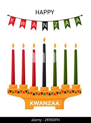 Kinara, candlestick with traditional Kwanzaa candles. Festive flags with the inscription Kwanzaa. a holiday card for an African American holiday. Flat Stock Vector