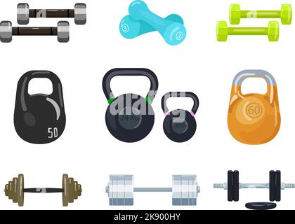 Dumbell icons set cartoon vector. Gym weight. Gym bent Stock Vector