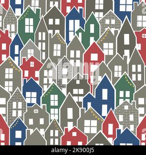 Vector seamless pattern with simple bright houses Silhouette, winter Christmas city with cute cottages Stock Vector