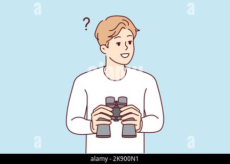 Smiling young man feeling confused holding binoculars in hands. Happy male frustrated looking in binocular finding solution. Exploration and discovery.  Stock Vector
