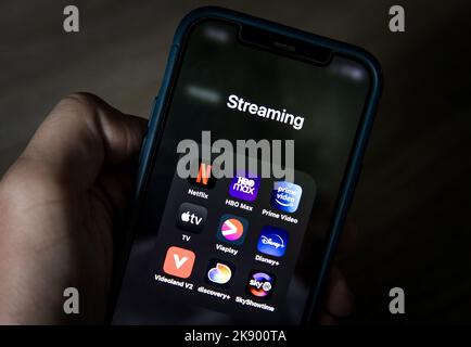 2022-10-25 12:50:18 ILLUSTRATIVE - The streaming services Netflix, HBO Max, Prime Video, Apple TV, Viaplay, Disney+, Videoland, discovery+ and SkyShowtime on a phone. After Viaplay and HBO, the new streaming service SkyShowtime is the third streaming service to be launched in the Netherlands this year. SkyShowtime is a joint service of Comcast and Paramount. ANP SEM VAN DER WAL netherlands out - belgium out Stock Photo