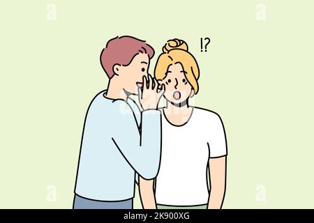 Young man whisper secret to stunned woman ear. Male tell secret hidden