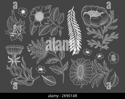 Collection vintage floral motif. William Moriss style art and craft movement. Design outline flower symbol. Vector illustration. Stock Vector