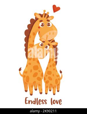 Family cute giraffes. Loving mother giraffe with child and inscription Endless love. Vector illustration in cartoon style for design of your holiday m Stock Vector