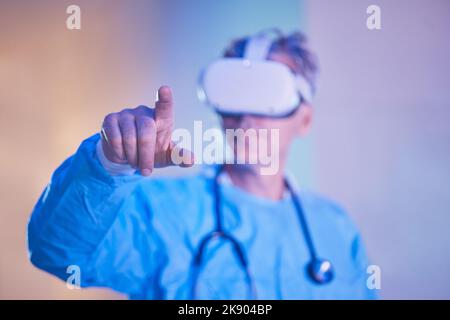 Doctor, finger and vr technology in healthcare, medical worker with virtual reality headset. Innovation, futuristic tech and ux for healthcare worker Stock Photo