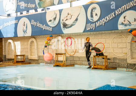 Antalya, Turkey - September 28, 2022: Show with dolphins and sea leon in Aksu dolphinarium in Antalya, Turkey Stock Photo