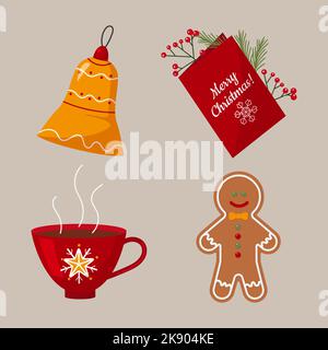 greeting card with the inscription Merry Christmas gingerbread man christmas toy bell and red cup with hot drink Stock Vector