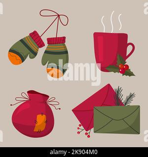 set of christmas elements mittens red mug with hot drink santa sack and greeting envelopes Stock Vector
