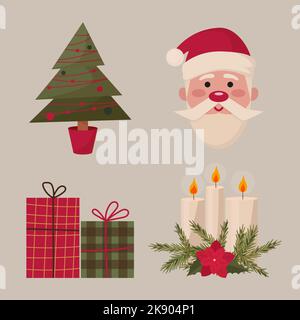 set of christmas elements santa claus christmas tree gifts and candles Stock Vector