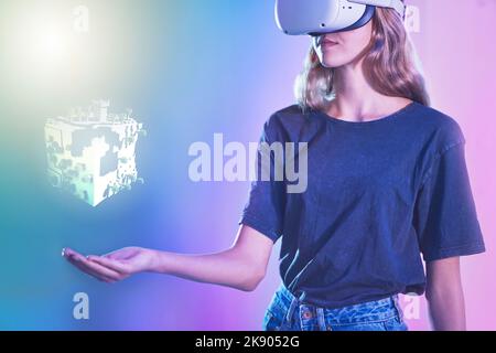 VR, metaverse or woman with hologram in hand for futuristic gaming, virtual reality or digital tech headset for 3d, ai or UX online. Cyber network Stock Photo