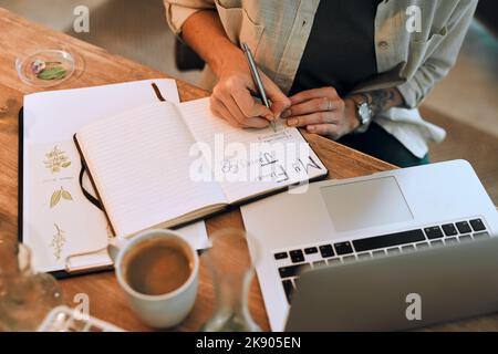 I need all of these in my inventory. an unrecognizable botanist doing research and writing notes in her diary at work. Stock Photo