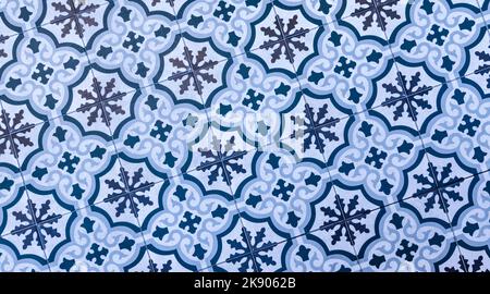 Blue floor and wall ceramic retro tiles pattern background. Stock Photo