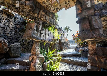 Amazing cave, pool, natural auditorium, salty lake designed by Cesar Manrique in volcanic tunnel called Jameos del Agua in Lanzarote, Canary Islands, Stock Photo