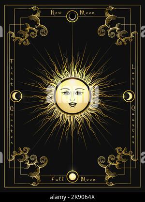 Sun and Phases of Moon isolated on black. Medieval Astrological vector Illustration Stock Vector