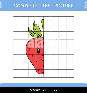 Complete the picture. Simple educational game for kids. Cute strawberry for coloring book Stock Photo