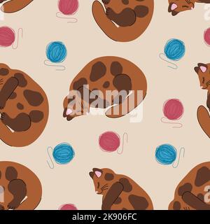 Seamless pattern with kittens and balls. Domestic cat with balls of thread. Background design for baby fabric, wallpaper or packaging. Stock Vector