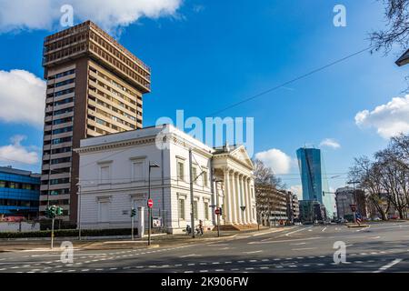 FRANKFURT, GERMANY- FEB 22, 2015: columns of the Literaturhaus in Frankfurt, Germany. Johann Christian Hess erected the building in 1820 which serves Stock Photo