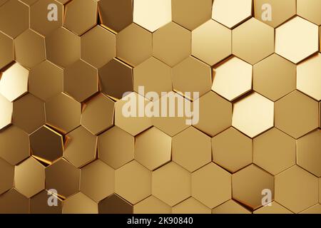 Gold metallic honeycomb and hexagon background pattern. 3d rendering Stock Photo