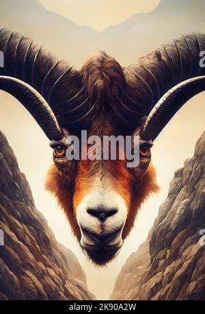 A 3D illustration of a goat face between rocks Stock Photo