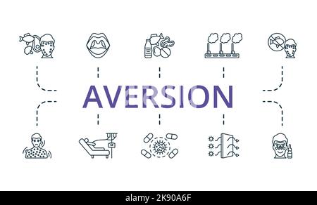 Aversion icon set. Monochrome simple Aversion icon collection. Food Allergy, Adenoids, Allergen, Air Pollution, Elimination Diet, Anaphylaxis Stock Vector