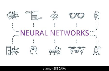 Neural Networks icon set. Monochrome simple Neural Networks icon collection. Big Data, Pattern, Algorithm, Smart Glasses, Smart Watch, Smart Lens Stock Vector