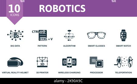 Robotics icon set. Monochrome simple Robotics icon collection. Big Data, Pattern, Algorithm, Smart Glasses, Smart Watch, Virtual Reality Helmet, 3D Stock Vector