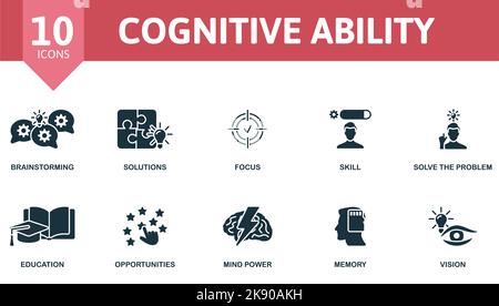 Cognitive Ability icon set. Monochrome simple Cognitive Ability icon collection. Brainstorming, Solutions, Focus, Skill, Solve The Problem, Education Stock Vector