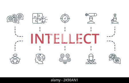 Intellect icon set. Monochrome simple Intellect icon collection. Brainstorming, Solutions, Focus, Skill, Solve The Problem, Experience, Global Stock Vector