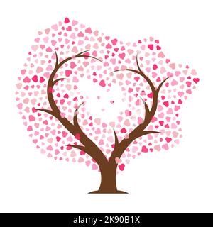 Abstract tree. Pink leaves with hearts. Vector illustration Stock Vector