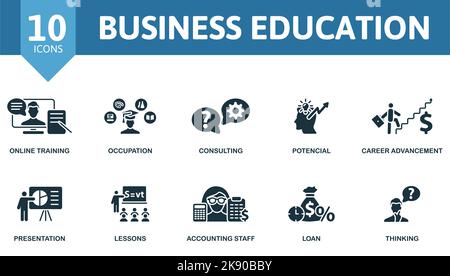 Business Education icon set. Monochrome simple Business Education icon collection. Online Training, Occupation, Consulting, Potencial, Career Stock Vector