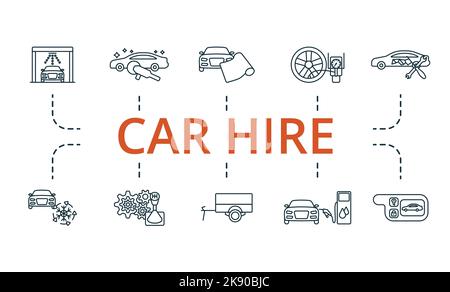 Car Hire icon set. Monochrome simple Car Hire icon collection. Car Wash, Polishing, Wrap Film, Inflate Tire, Body Paint Repair, Air Condition, Gear Stock Vector
