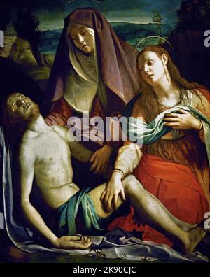 Pietà 1529 painting by, Agnolo Bronzino, Uffizi , Florence, Italy. Lamentation of Christ, after Jesus was crucified, crucifixion, his body was removed, Cross , his friends mourned over his body,  Lamentation over the Dead Christ, Church, Stock Photo