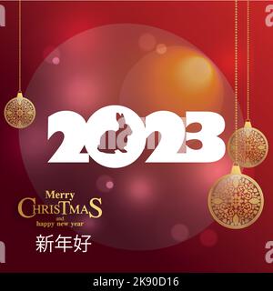 2023 Lunar New Year. cute rabbit silhouettes, Chinese typography Happy New Year, gold on red. illustration. Flat style design. Concept for holiday car Stock Vector