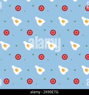 Seamless pattern with eggs and tomatoes. Breakfast wallpaper on blue background. Paper cut out vector Stock Vector