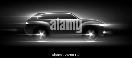 Fast moving black SUV car with wind lines rushing at high speed in the foggy night, vector illustration. Luxury style black and white automotive horizontal poster banner design. Stock Vector