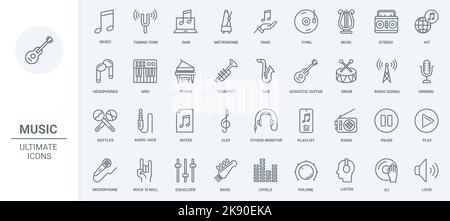 Music thin line icons set vector illustration. Outline musical instruments symbols and vinyl discs for fans, stereo speakers and headphones to listen studio sound, interface playlist buttons and notes Stock Vector