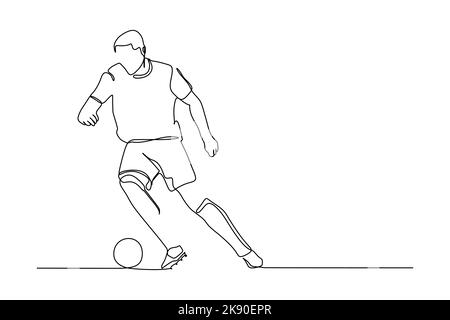 One line self drawing video with panning effect of young energetic football player dribbling the ball to the opponent area. Soccer match sports design Stock Vector