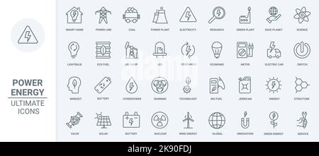 Innovation researches in energy and power production thin line icons set vector illustration. Outline solar panel and wind mill, nuclear and water power plant, electric car, eco mindset to save planet Stock Vector