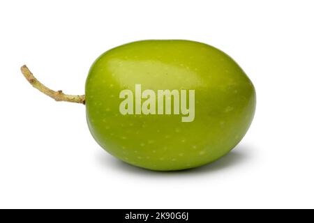 Single fresh raw green olive close up isolated on white background Stock Photo