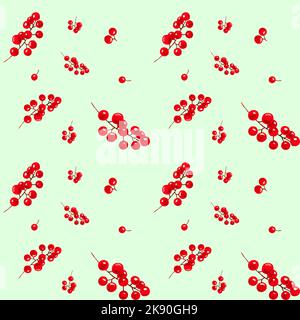 Red berries watercolor background, seamless watercolor pattern with bright red seasonal berries on light green surface, raster seamless illustration Stock Photo