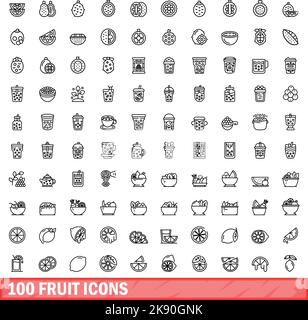 100 fruit icons set. Outline illustration of 100 fruit icons vector set isolated on white background Stock Vector