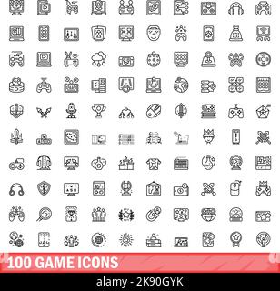 100 game icons set. Outline illustration of 100 game icons vector set isolated on white background Stock Vector