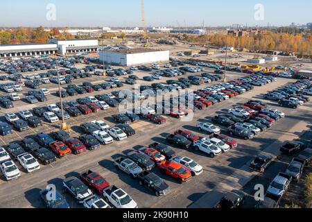 Detroit, Michigan - New Ford pickup trucks are parked in a vacant warehouse parking lot, unable to be sold because of the global shortage of semicondu Stock Photo