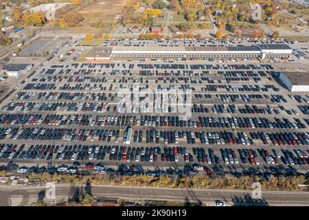 Detroit, Michigan - New Ford pickup trucks are parked in a vacant warehouse parking lot, unable to be sold because of the global shortage of semicondu Stock Photo