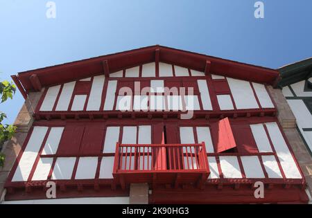 Typical 16th & 17th century Labourding architectural style in the pretty village of Ainhoa, Pyrenees Atlantiques, France Stock Photo