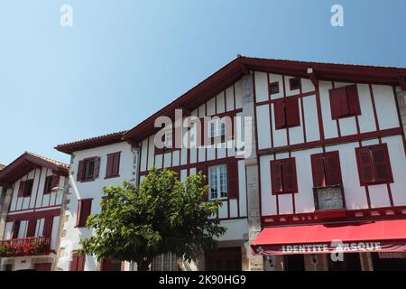 Typical 16th & 17th century Labourding architectural style in the pretty village of Ainhoa, Pyrenees Atlantiques, France Stock Photo