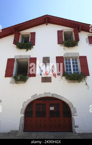 Typical 16th & 17th century Labourding architectural style in the pretty village of Ainhoa, Pyrenees Atlantiques, France Stock Photo