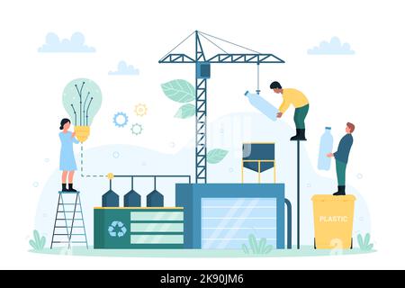 Waste recycling bio technology, electricity, energy production vector illustration. Cartoon tiny people put plastic bottle with construction crane into funnel of recycling factory, holding light bulb Stock Vector