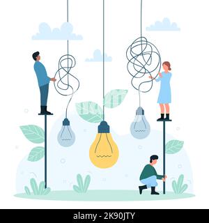 Clarity and simplification of solution process vector illustration. Cartoon tiny people simplify complex unclear problem to easy simple one, untangle hanging tangled light bulbs with knots on wires Stock Vector