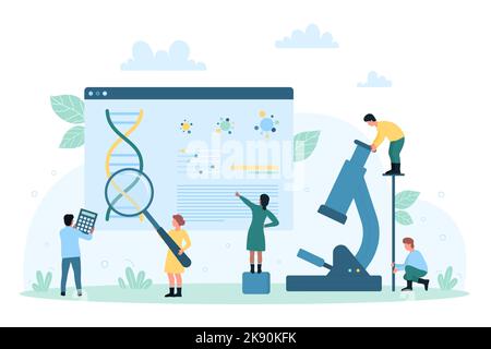 Genetic scientific research and study vector illustration. Cartoon tiny people looking through magnifying glass at DNA, scientists using lab microscope for genes, molecules and chromosome analysis Stock Vector